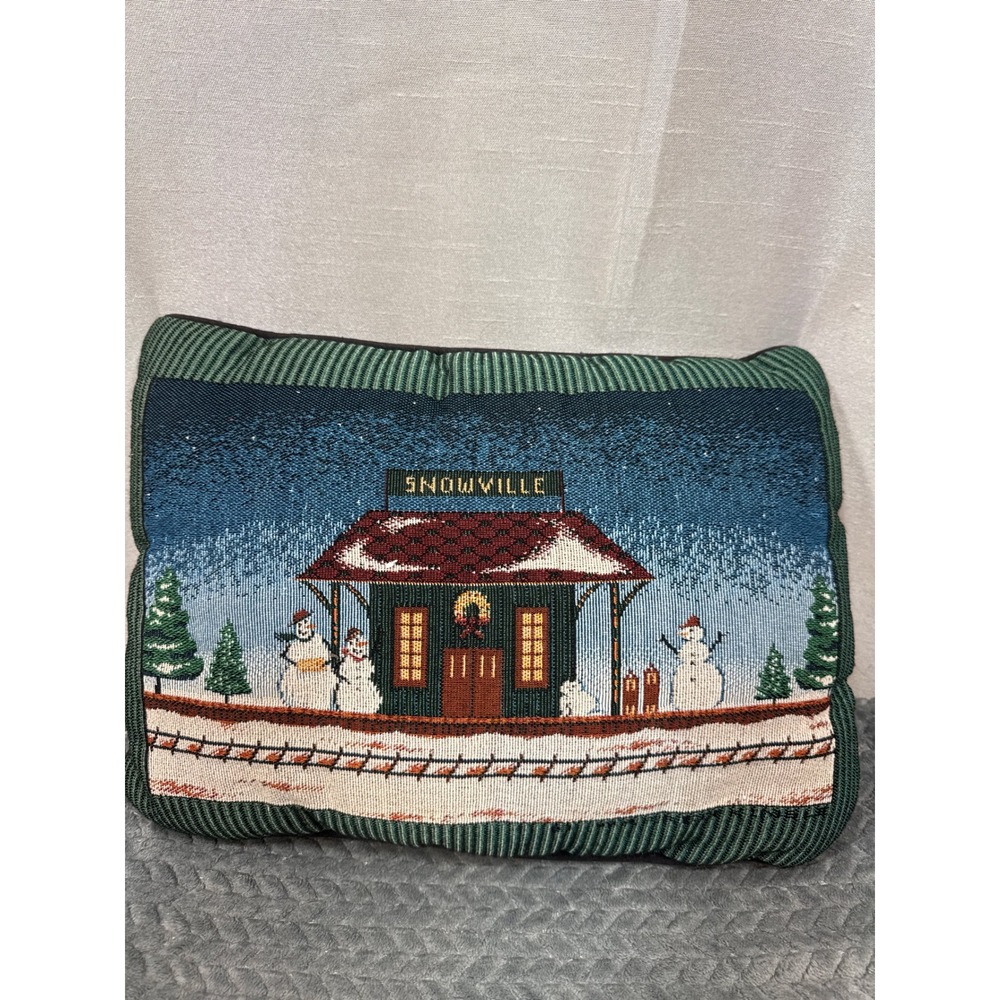 Vintage Snowville Winter Scene Woven Tapestry Christmas Throw Pillow Green Trim
